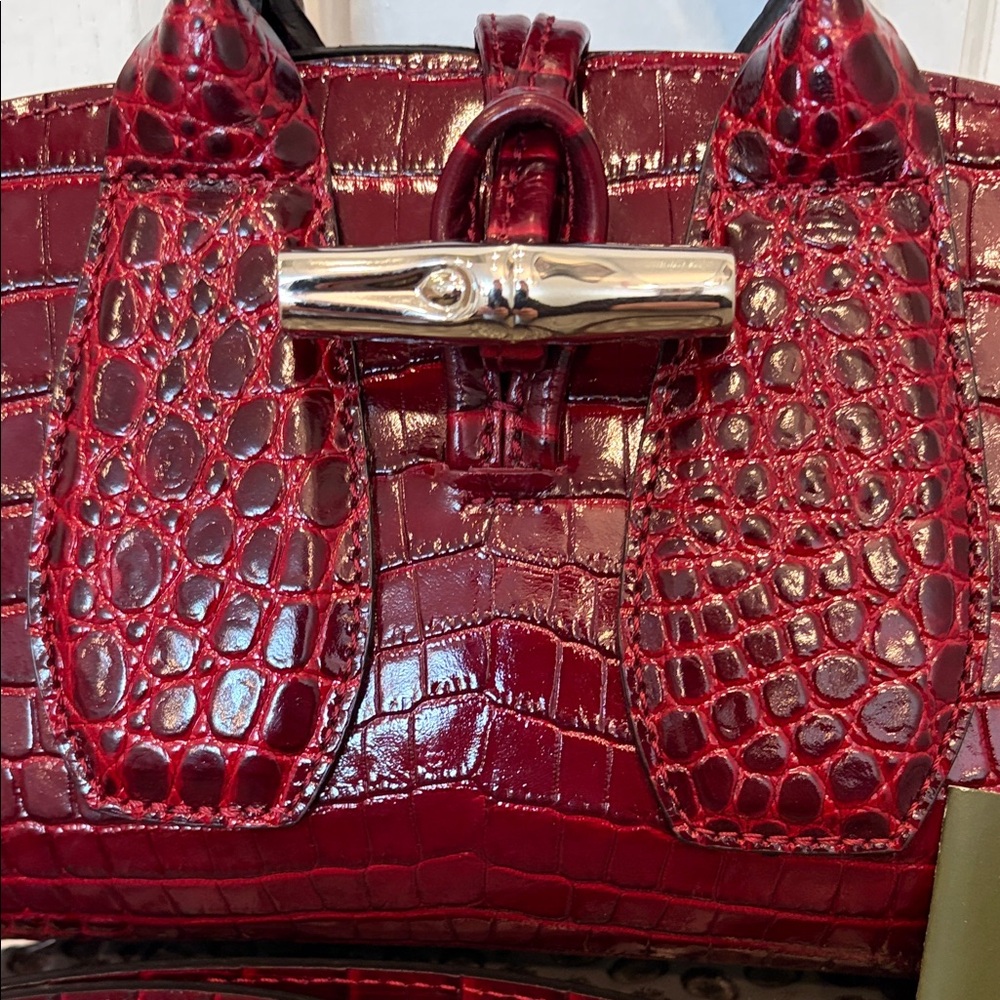 Longchamp XS Roseau Croc-Embossed Burgundy Top-Handle Satchel Crossbody Bag - Picture 2 of 15